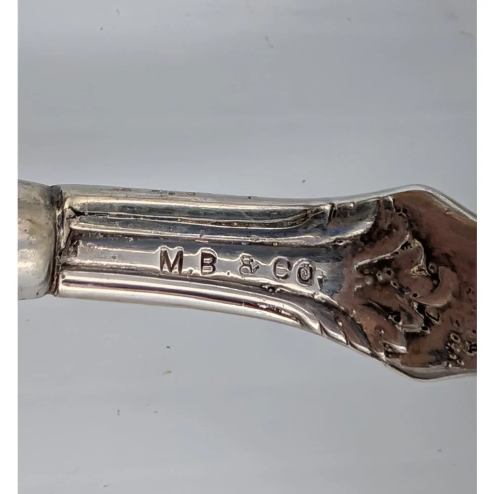Silverplate Salad Fork & Spoon Set Ornate Vintage Wood Handles by M.B. & Co